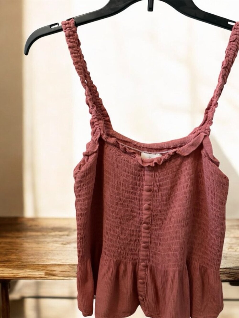 5/$25 Becaal Smocked Peplum Tank Top Size M Dusty Rose Ruffle Strap Button Boho